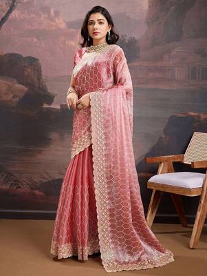 Peach women pastels embroidered saree 3