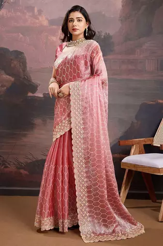 Peach women pastels embroidered saree