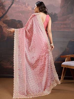 Peach women pastels embroidered saree 4