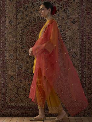 Yellow embroidered silk blend kurta trouser dupatta set 3
