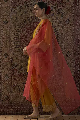 Yellow embroidered silk blend kurta trouser dupatta set