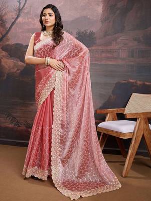 Peach women pastels embroidered saree 5