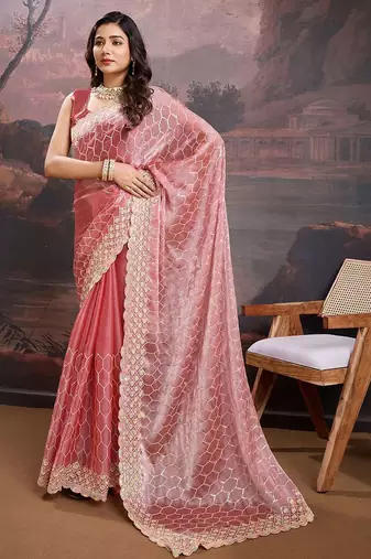 Peach women pastels embroidered saree