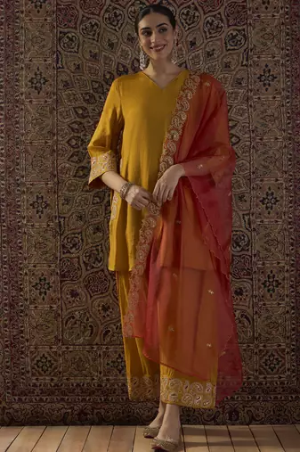 Yellow embroidered silk blend kurta trouser dupatta set