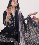 Black embroidered pure cotton kurta trouser dupatta set