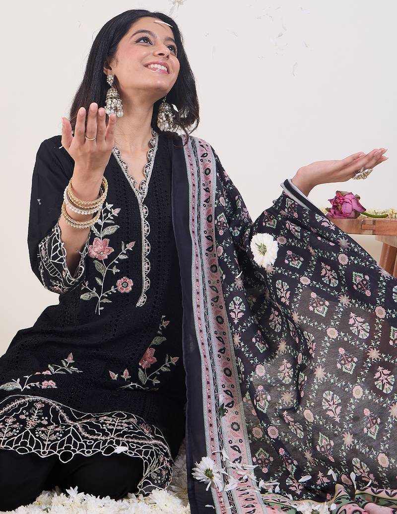 Black embroidered pure cotton kurta trouser dupatta set