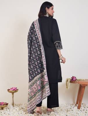 Black embroidered pure cotton kurta trouser dupatta set 2