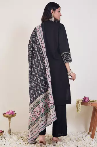 Black embroidered pure cotton kurta trouser dupatta set