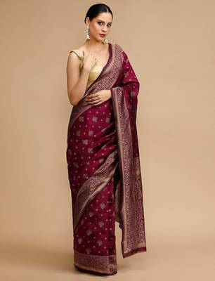 Maroon woven design banarasi saree with unstitched blouse 2