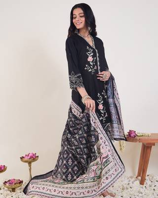 Black embroidered pure cotton kurta trouser dupatta set 3