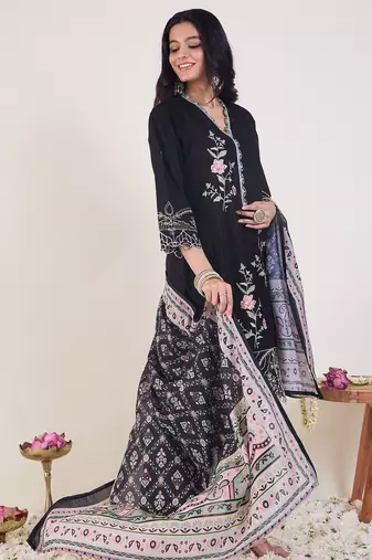 Black embroidered pure cotton kurta trouser dupatta set