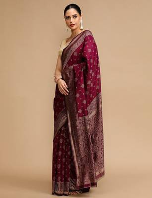Maroon woven design banarasi saree with unstitched blouse 3