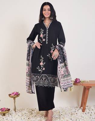Black embroidered pure cotton kurta trouser dupatta set 4