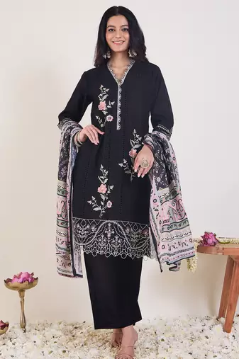 Black embroidered pure cotton kurta trouser dupatta set