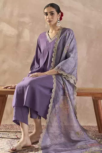 Purple solid silk blend kurta trouser dupatta set