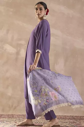 Purple solid silk blend kurta trouser dupatta set