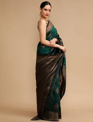 Green ethnic motifs woven design zari banarasi saree 2