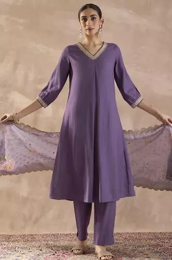 Purple solid silk blend kurta trouser dupatta set