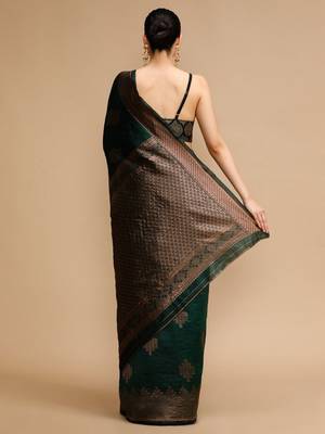 Green ethnic motifs woven design zari banarasi saree 4