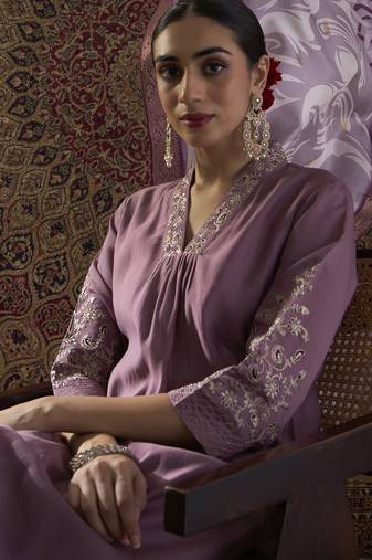 Lavender embroidered silk blend kurta trouser dupatta set