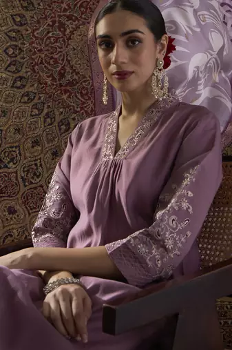Lavender embroidered silk blend kurta trouser dupatta set