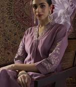 Lavender embroidered silk blend kurta trouser dupatta set