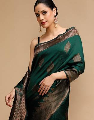 Green ethnic motifs woven design zari banarasi saree 5