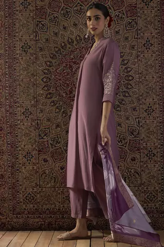 Lavender embroidered silk blend kurta trouser dupatta set