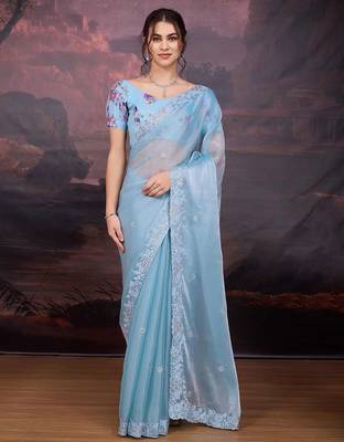 Turquoise embellished embroidered saree 2