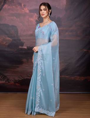 Turquoise embellished embroidered saree 3