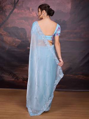 Turquoise embellished embroidered saree 4