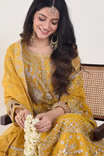 Yellow embroidered organza kurta trouser dupatta set