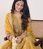 Yellow embroidered organza kurta trouser dupatta set