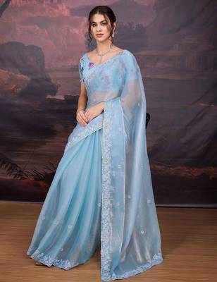 Turquoise embellished embroidered saree 5