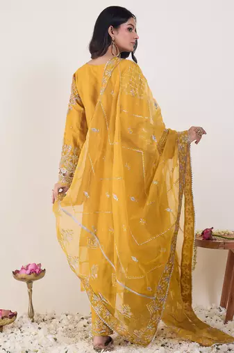 Yellow embroidered organza kurta trouser dupatta set