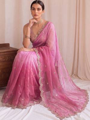 Pink ombre embroidered tissue designer saree 1