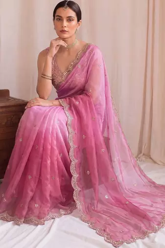 Pink ombre embroidered tissue designer saree