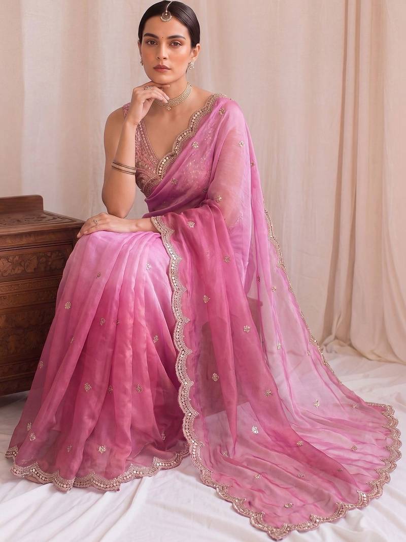 Pink ombre embroidered tissue designer saree