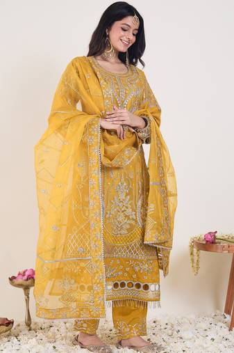 Yellow embroidered organza kurta trouser dupatta set
