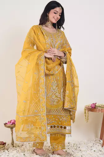 Yellow embroidered organza kurta trouser dupatta set