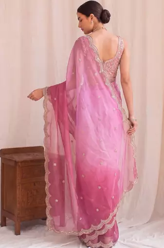 Pink ombre embroidered tissue designer saree