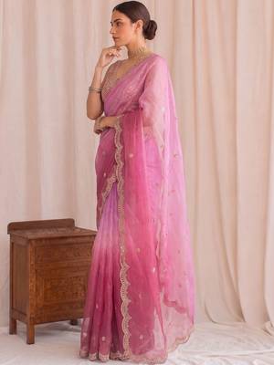 Pink ombre embroidered tissue designer saree 3
