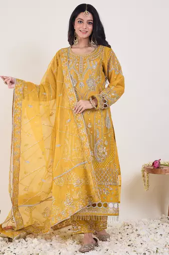 Yellow embroidered organza kurta trouser dupatta set