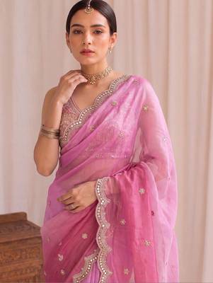 Pink ombre embroidered tissue designer saree 4