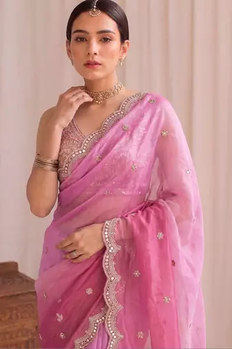 Pink ombre embroidered tissue designer saree