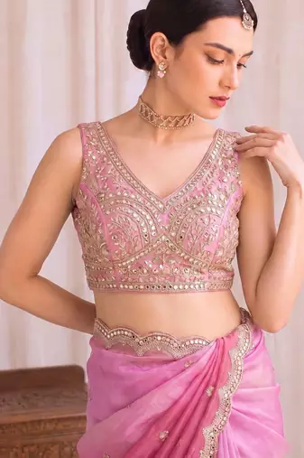 Pink ombre embroidered tissue designer saree