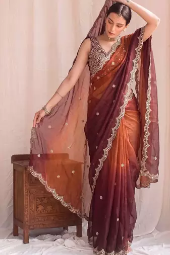 Multicolor ombre mirror work tissue designer saree