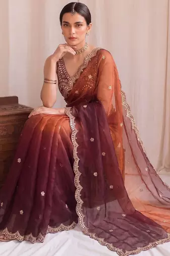 Multicolor ombre mirror work tissue designer saree