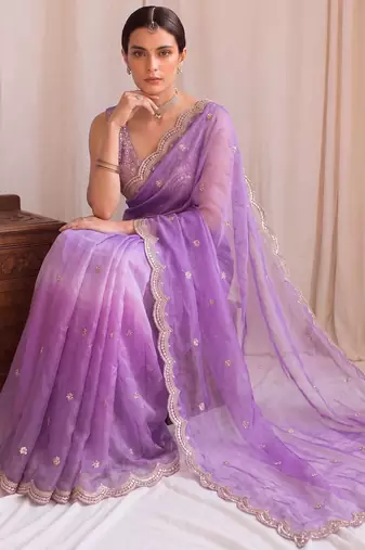 Purple ombre mirror work tissue designer saree