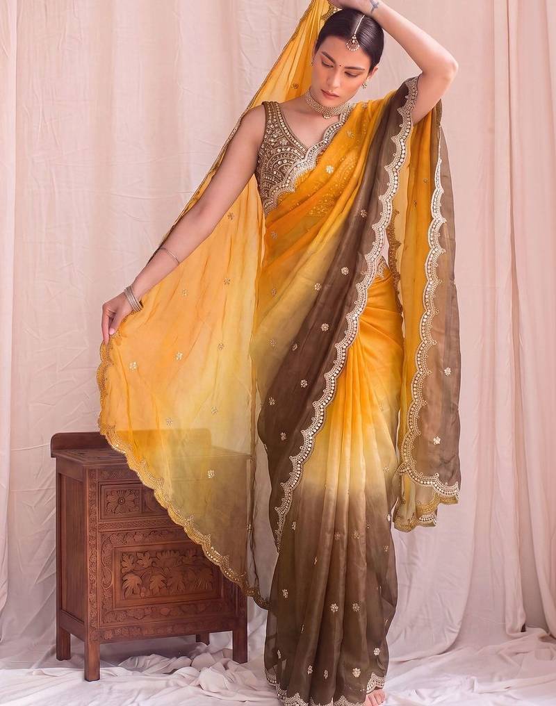 Multicolor ombre mirror work tissue designer saree